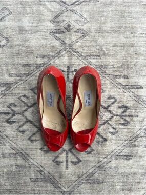 Jimmy Choo Red Patent Peep-Toe Heels
